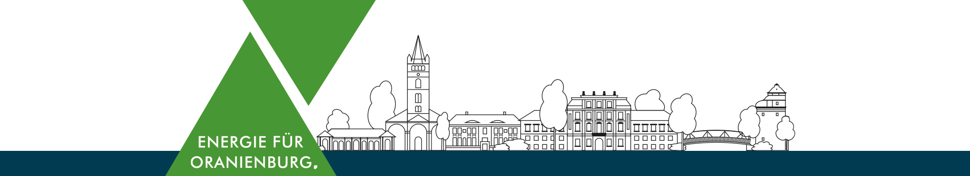Grafik mit gr&uuml;nem Dreieck und dem Claim &sbquo;Energie f&uuml;r Oranienburg. &lsquo; vor der gezeichneten Stadtsilhouette von Oranienburg.